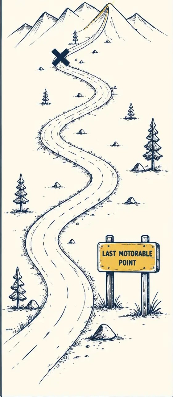 Hand-drawn mountain road leading to a remote village
