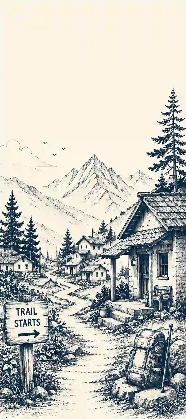 Mountain trail village illustration
